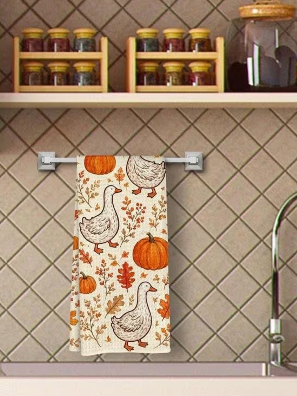 Autumn Goose Kitchen Towel - Orange & Cream